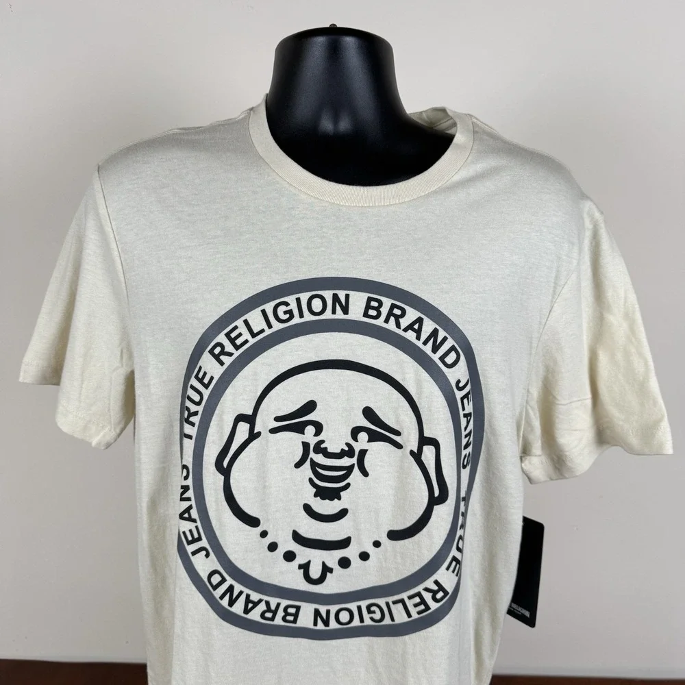 True Religion Buddha Face SS Crew Neck T-Shirt Mens Medium Fog-Beige NWT $59